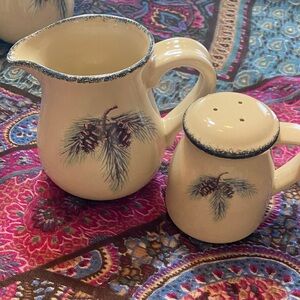 Northwoods stoneware Creamer and Sugar Shaker Set